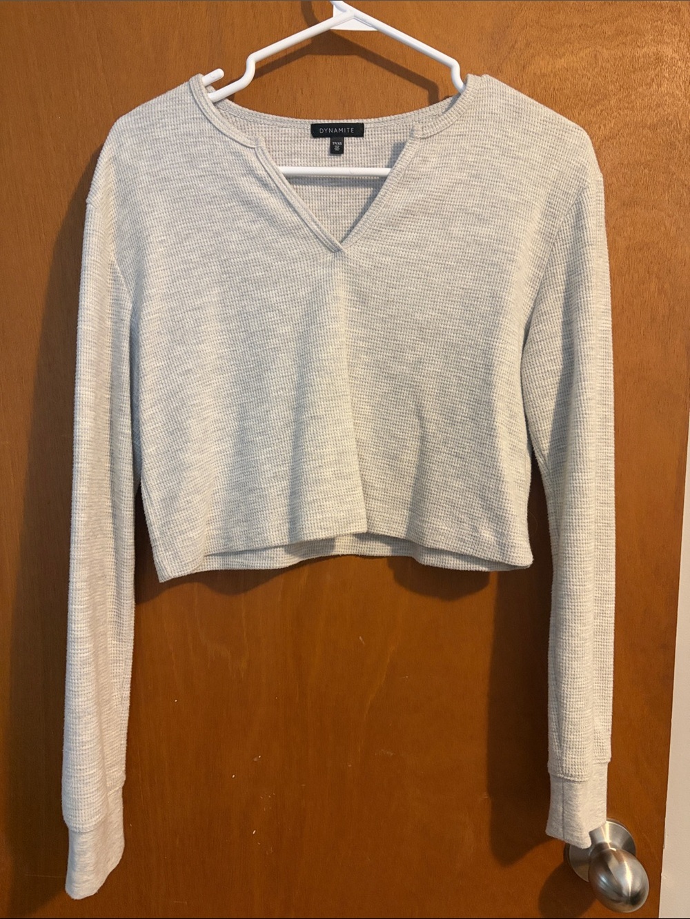 Dynamite Light Gray Waffle Knit Cropped V-Notch Top